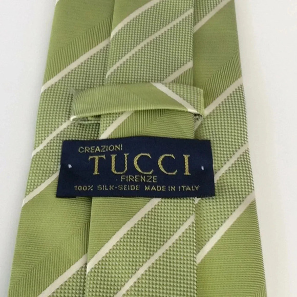 TUCCI Green & White Striped 100% Italian Silk Tie - Picture 5 of 7